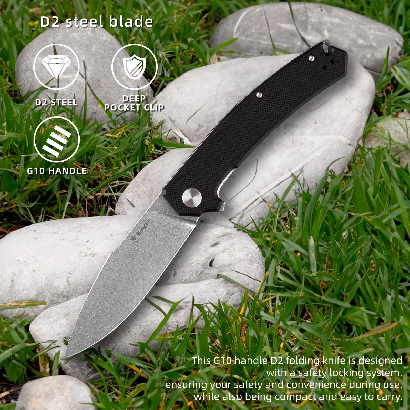 Warspear Degory Flipper Folding Knife 3.75" Stonewshed D2 Blade Black G10 Handle Outdoor Camping Fishing Pocket Knife With Deep Carry Clip WP902WBK