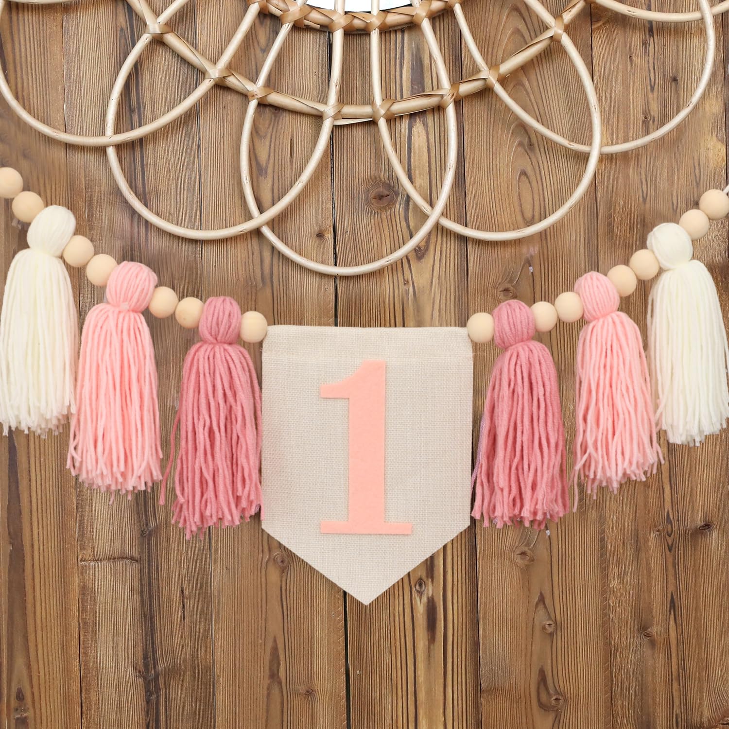 Handmade Boho 1st Birthday High Chair Banner Party Decoration for Girl Baby Shower Pink Wall Hangings Decorative for Kids Bedroom