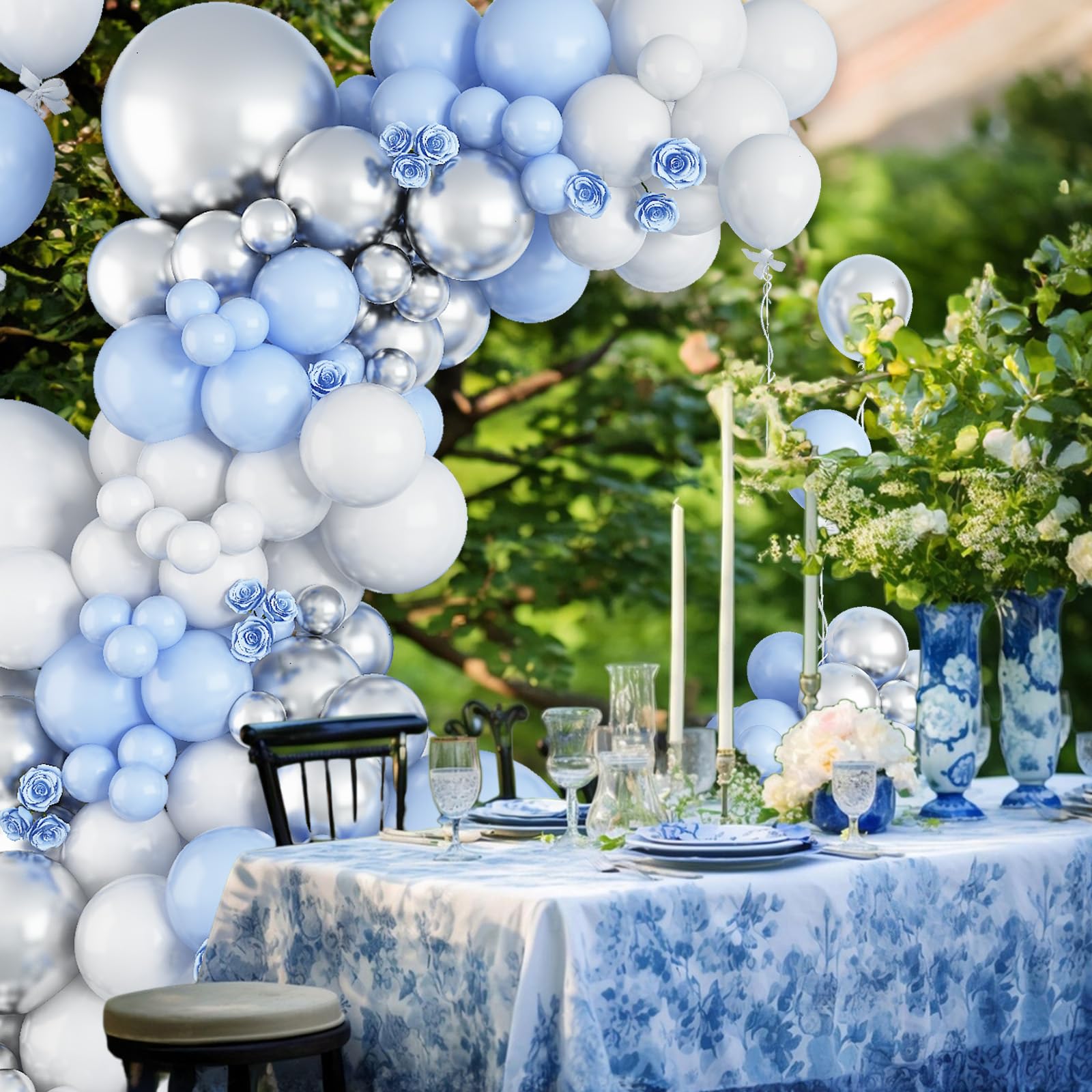 Blue White Balloon Arch Kit, 108 Pcs Blue Silver White Balloon Garland with 18/12/10/5 Inch Pastel Baby Blue White Silver Latex Balloons for Boys Baby Shower Birthday Wedding Graduation Decorations