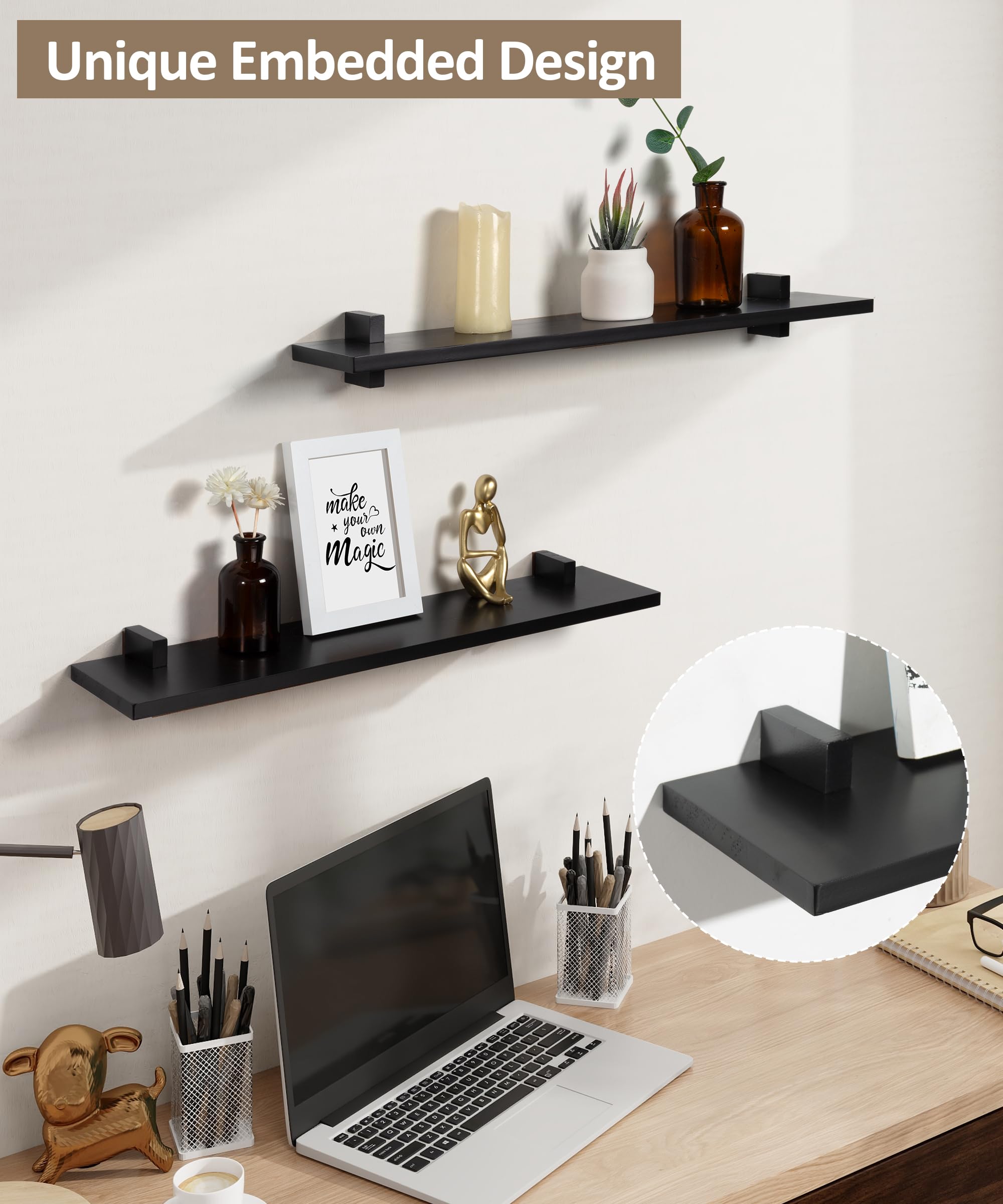 Gronda Black Floating Shelves for Wall 24 Inch Wood Floating Shelves Wall Mounted Wooden Shelf Set of 2, Modern Wall Decor Organizer for Bedroom, Kitchen, Office, Living Room