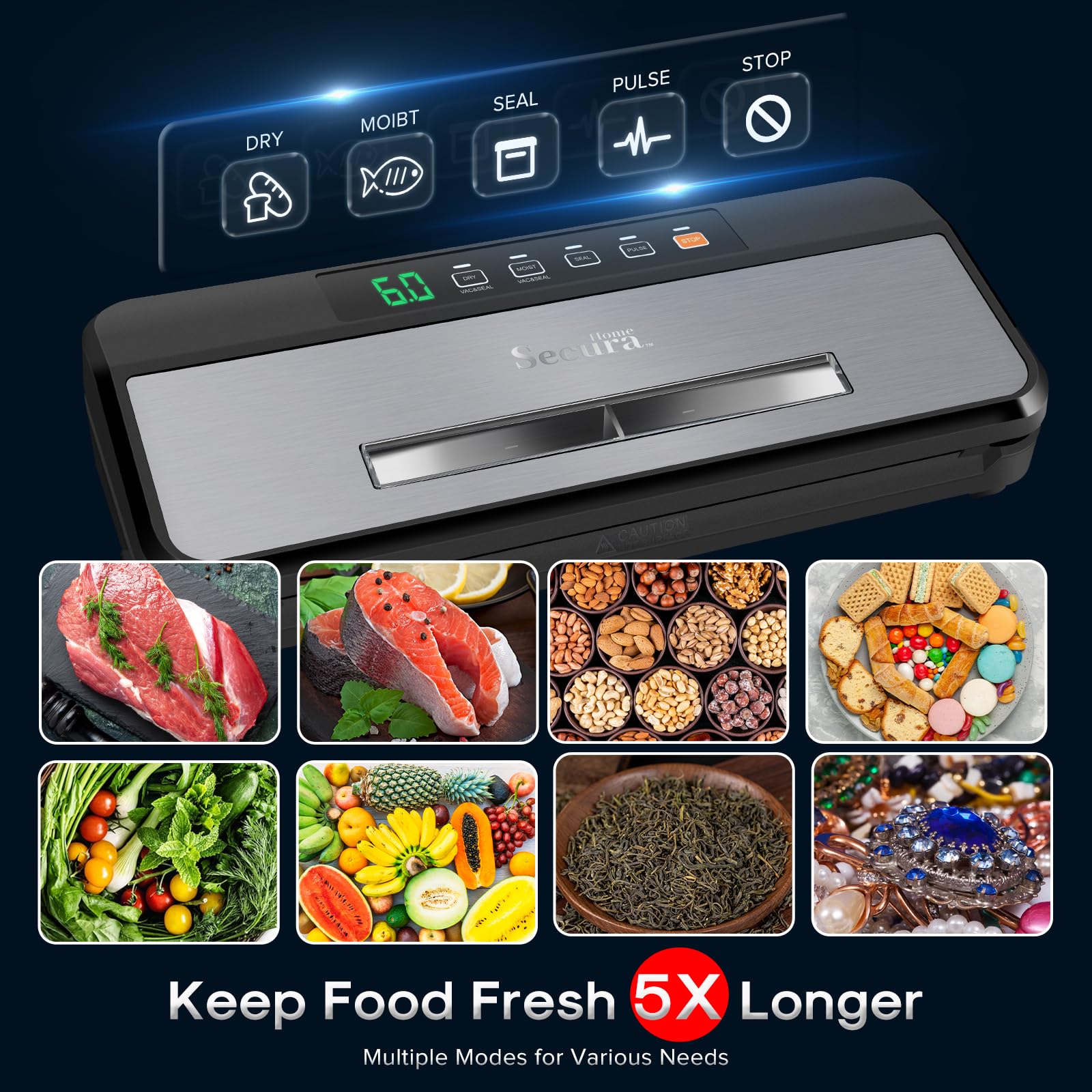 Secura Vacuum Sealer Saver Machine, Visual Operation Window Automatic Food Sealer with Built-in Cutter/Bag Storage/Air Suction Hose, 7-in-1 Easy Options for Food Storage and Saver