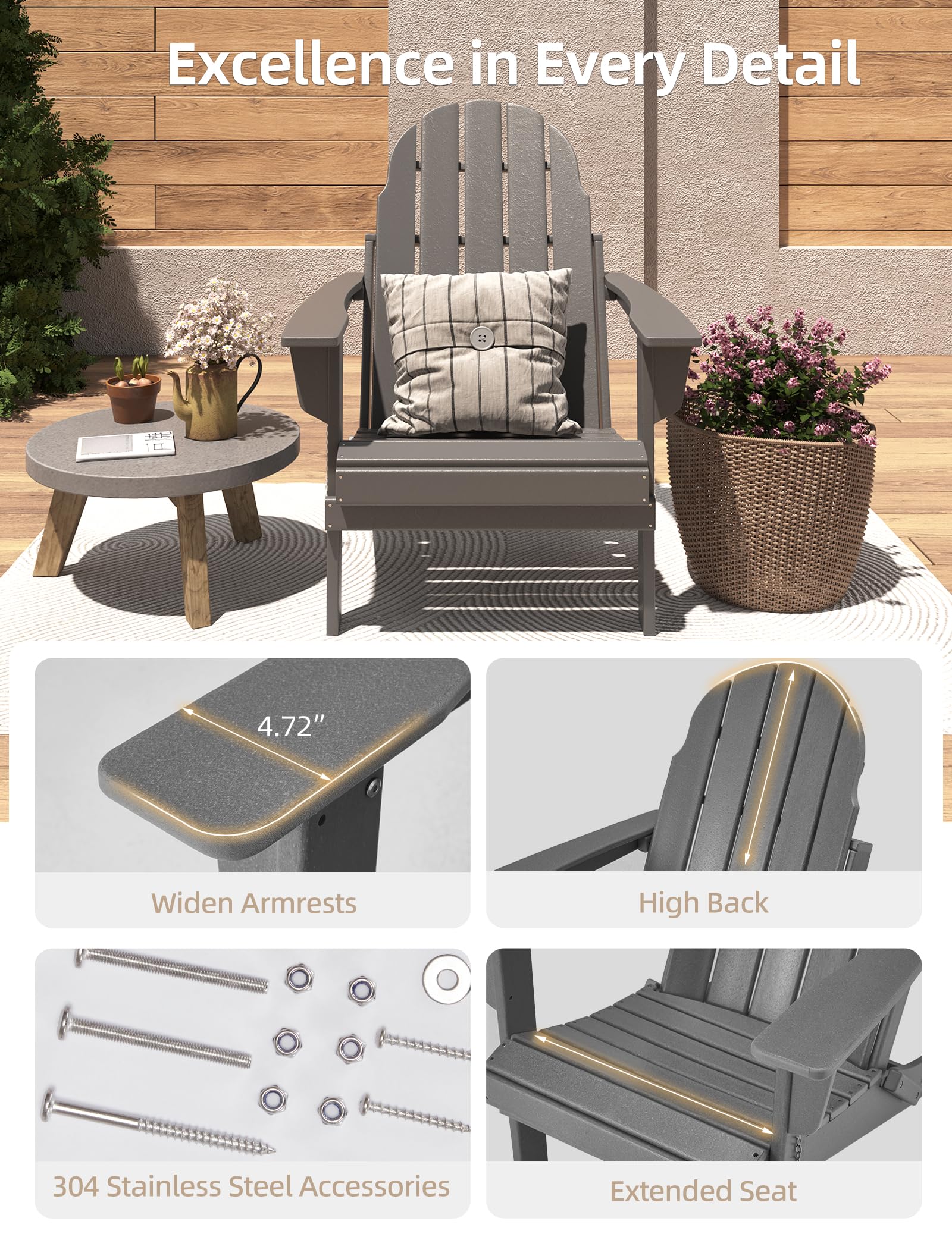 Folding Adirondack Chair - Durable HDPE Poly Lumber All-Weather Resistant, Foldable Oversized Balcony Porch Patio Outdoor Chair for Lawn, Backyard, Deck, Garden, Camping - Easy Installation, Gray