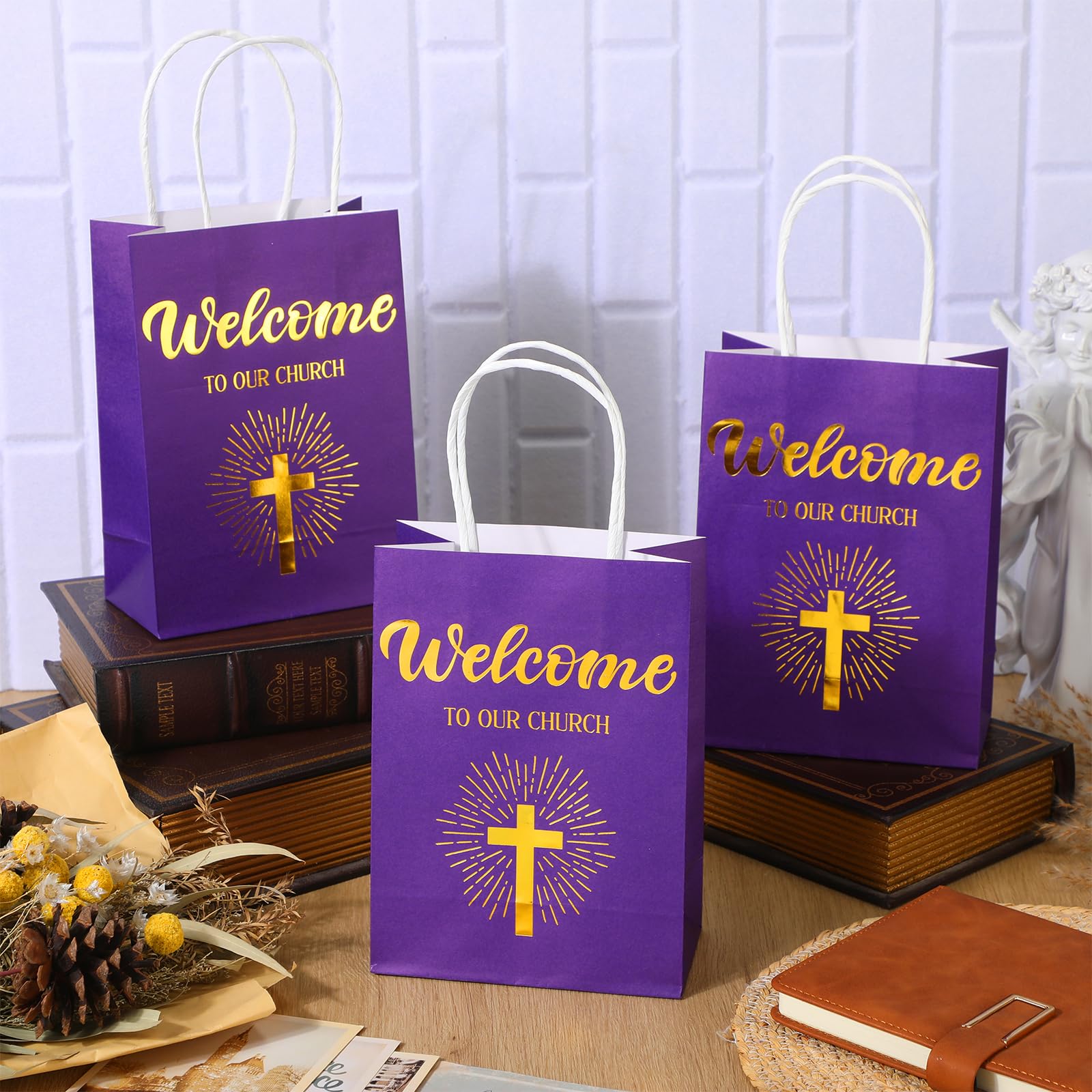 Chuangdi 50 Pcs Church Welcome Gift Bags Christmas Christian Paper Bags Welcome to Our Church Bags Religious Bags with Handles for Church Guest Baptism Birthday Church Party,5.9 x 3.15 x 8.27 Inch(Purple)