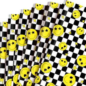 12 sheets 28 * 20 inches one happy dude theme gift wrap paper, black yellow smiley faces lightning printed wrapping paper with checkered patterns for first birthday party baby shower diy craft