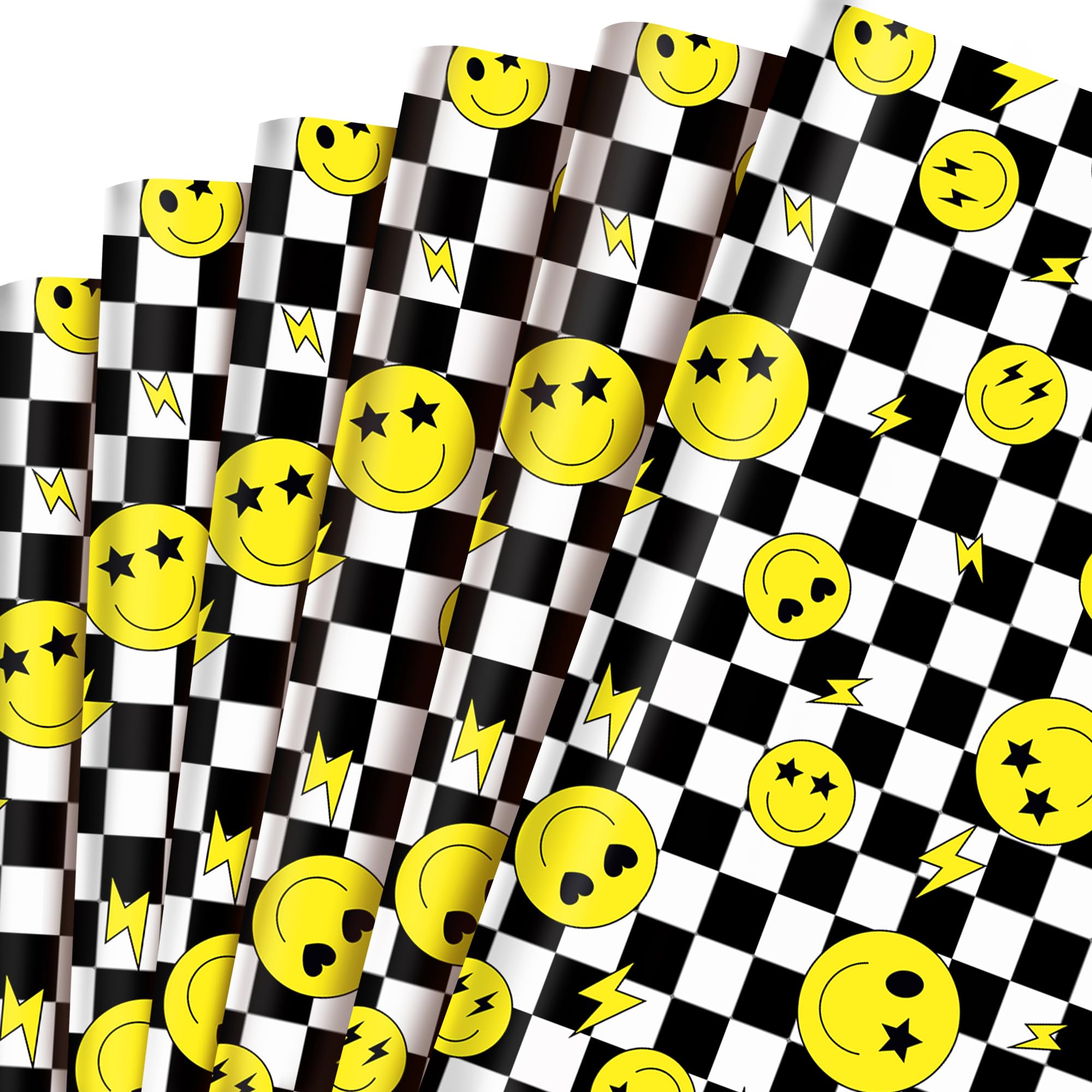 12 Sheets 28 * 20 Inches one Happy Dude Theme Gift Wrap Paper, Black Yellow Smiley Faces Lightning Printed Wrapping Paper with Checkered Patterns for First Birthday Party Baby Shower DIY Craft