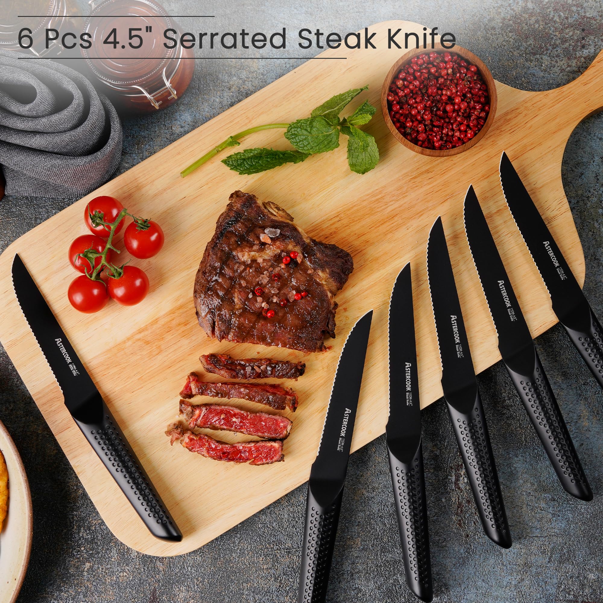 Astercook Kitchen Knife Set, 15 Pieces Chef Knives Set with Block, German Stainless Steel Handle One-Piece Design Knife Block Sets Dishwasher Safe Black