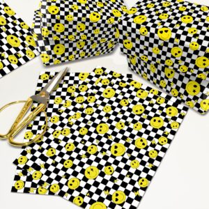 12 Sheets 28 * 20 Inches one Happy Dude Theme Gift Wrap Paper, Black Yellow Smiley Faces Lightning Printed Wrapping Paper with Checkered Patterns for First Birthday Party Baby Shower DIY Craft