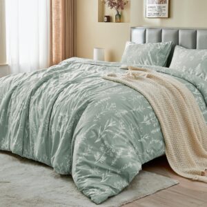 MUXHOMO Duvet Cover Queen Size, Reversible Floral Green Duvet Cover Set with Zipper Closure, 3 Pieces Botanical Patterns Soft Microfiber Bedding Set with 4 Ties (90"x90", 2 Pillow Cases)