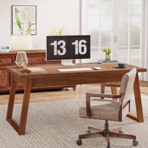 Tribesigns Home Office Executive Desk: 55 Inches Wooden Computer Desk with Drawer, Mid-Century Modern Study Writing Table, Rustic PC Laptop Desk Workstation Furniture, Walnut Brown