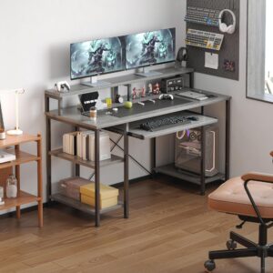 VERMESS Computer Desk- 48 Inch Home Office Desk with Keyboard Tray, 47" Gaming Desk with Full Monitor Stand & Storage Shelves & CPU Stand, Modern Study Writing Table with Shelf for Storage, Gray Oak