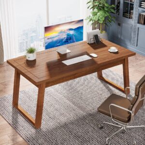 Tribesigns Home Office Executive Desk: 55 Inches Wooden Computer Desk with Drawer, Mid-Century Modern Study Writing Table, Rustic PC Laptop Desk Workstation Furniture, Walnut Brown