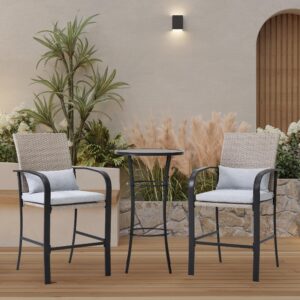 Apepro Outdoor Bar Table Set for 2,Patio Bar Height Table and Chairs Set with Soft Cushions and Steel Frame,Grey