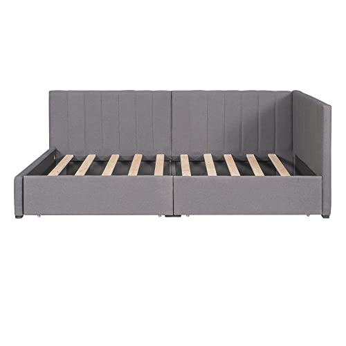 BOVZA Twin Size Linen Upholstered Daybed with 2 Storage Drawers, Sofa Bed Frame, No Box Spring Needed, Gray