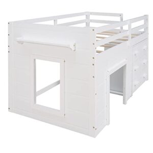 DEYOBED Wooden Twin Size Loft Bed Frame with Bedside Shelf, Storage Cabinet, Safety Guardrail and Ladder, for Kids Teens Boys Girls Bedroom, White