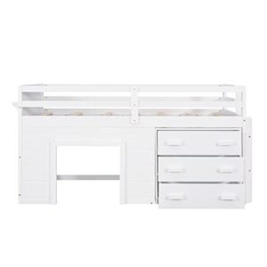 DEYOBED Wooden Twin Size Loft Bed Frame with Bedside Shelf, Storage Cabinet, Safety Guardrail and Ladder, for Kids Teens Boys Girls Bedroom, White