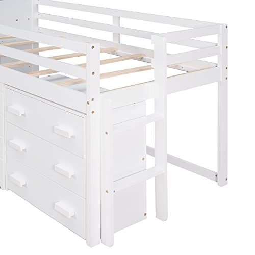 DEYOBED Wooden Twin Size Loft Bed Frame with Bedside Shelf, Storage Cabinet, Safety Guardrail and Ladder, for Kids Teens Boys Girls Bedroom, White