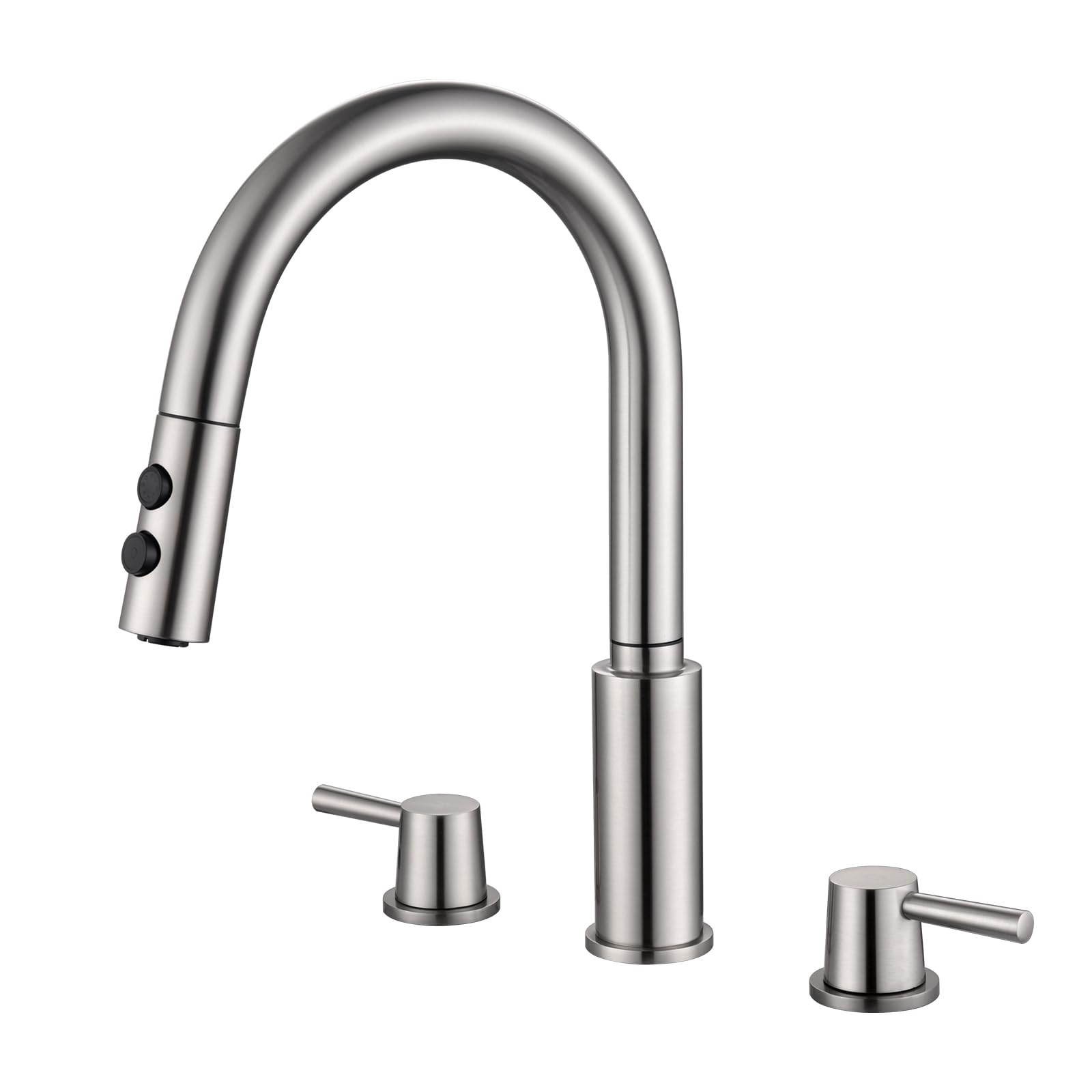 RULIA Brand, Double Handle Kitchen Faucet, 3 Holes Sink Faucet, Pull Down, Brushed Nickel, Stainless Steel, RB1063