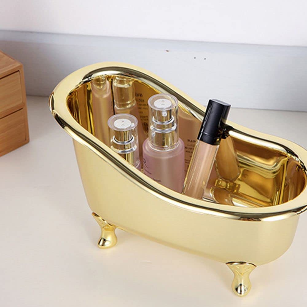 Mini Bathtub Sundries Storage Box, Small Bath Tub Makeup Organizer Container Soap Dish Holder Desktop Storage Accessories(Silver)