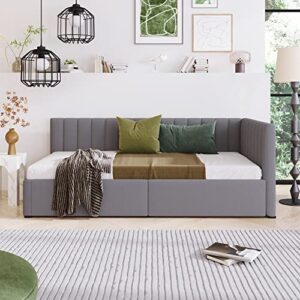 BOVZA Twin Size Linen Upholstered Daybed with 2 Storage Drawers, Sofa Bed Frame, No Box Spring Needed, Gray