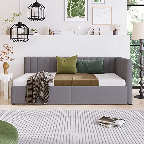 BOVZA Twin Size Linen Upholstered Daybed with 2 Storage Drawers, Sofa Bed Frame, No Box Spring Needed, Gray