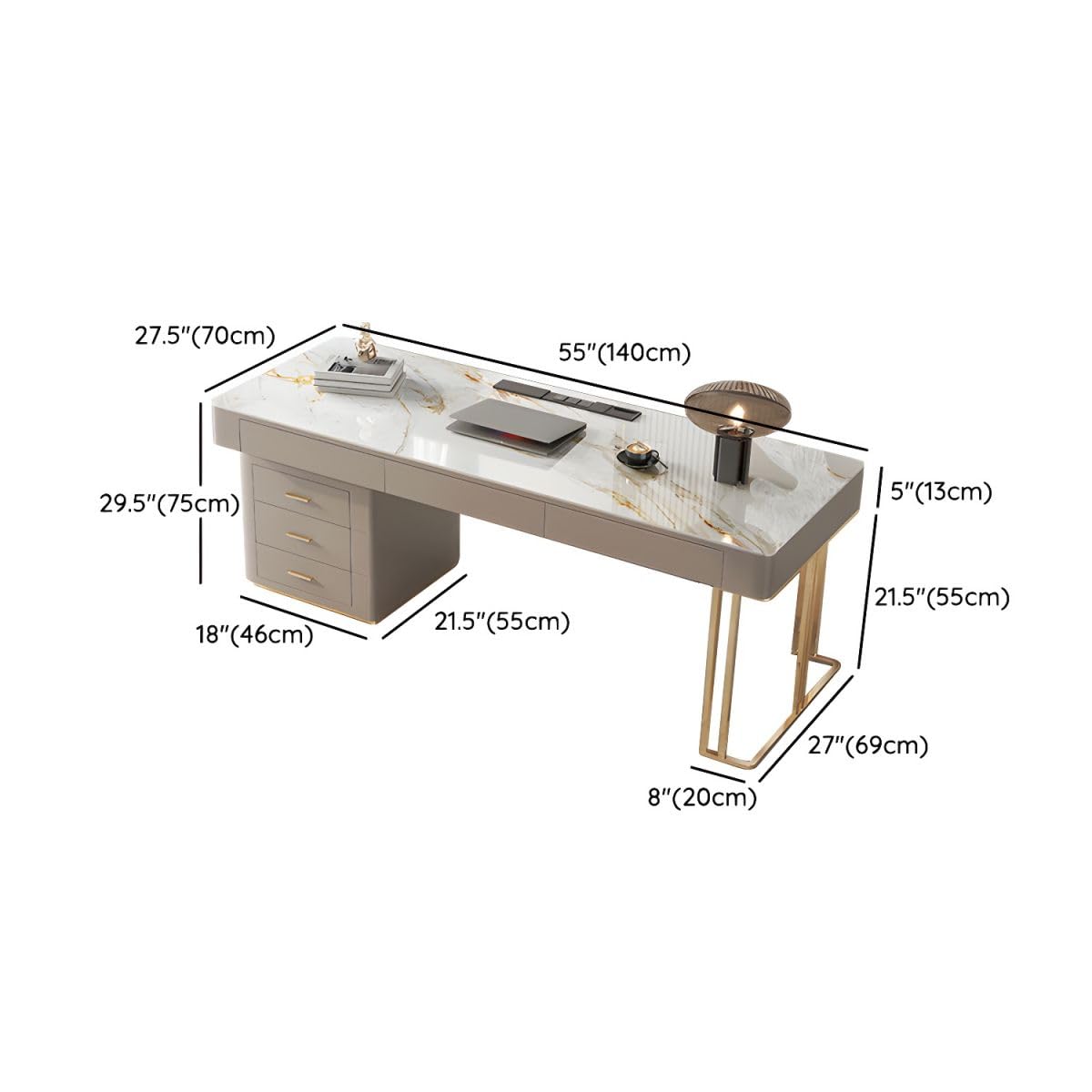 LAKIQ Modern Stone top Executive Desk with File Cabinet Storage Pedestal Home Office Desk Computer Desk Cable Management Rectangular Writing Table-Without Chair(55.1" L x 27.6" W x 29.5" H)