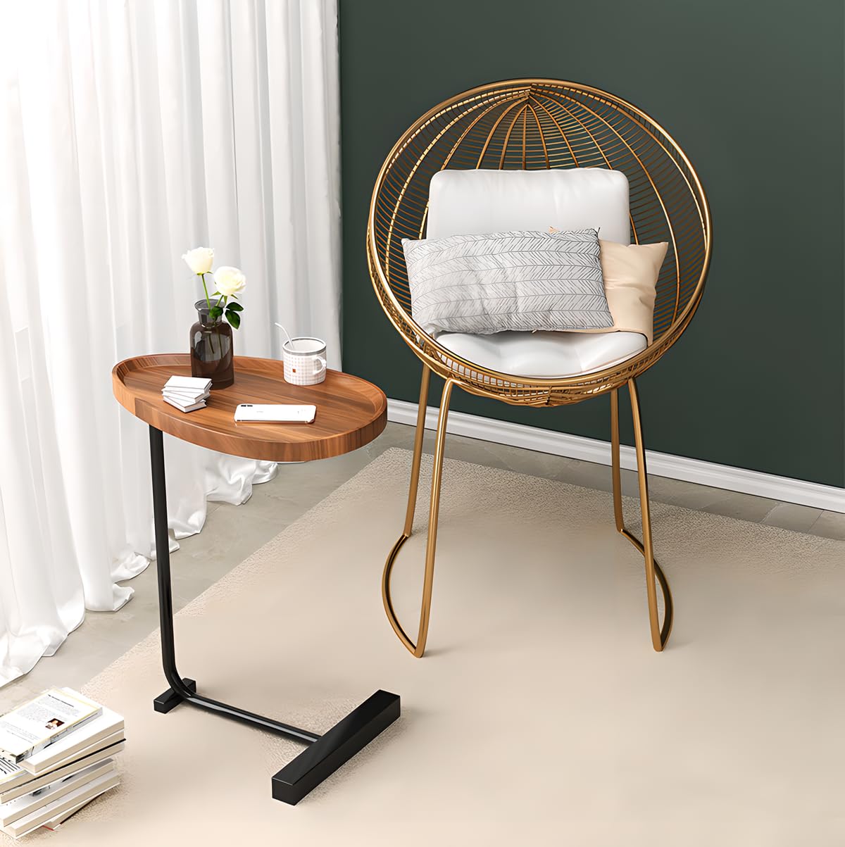 YYW C Shaped End Table Narrow Side Table for Couch, Sofa and Bed, Sofa End Table with Metal Frame for Small Spaces, Bedside, Living Room, Bedroom (Black)