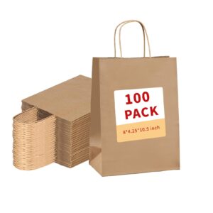 vanhel 100 pack brown kraft paper bags with handles bulk,8x4.25x10.5 inches,brown paper bags,craft gift bags,gift bags with handles for wending,birthday, favor,party,retail merchandise bags