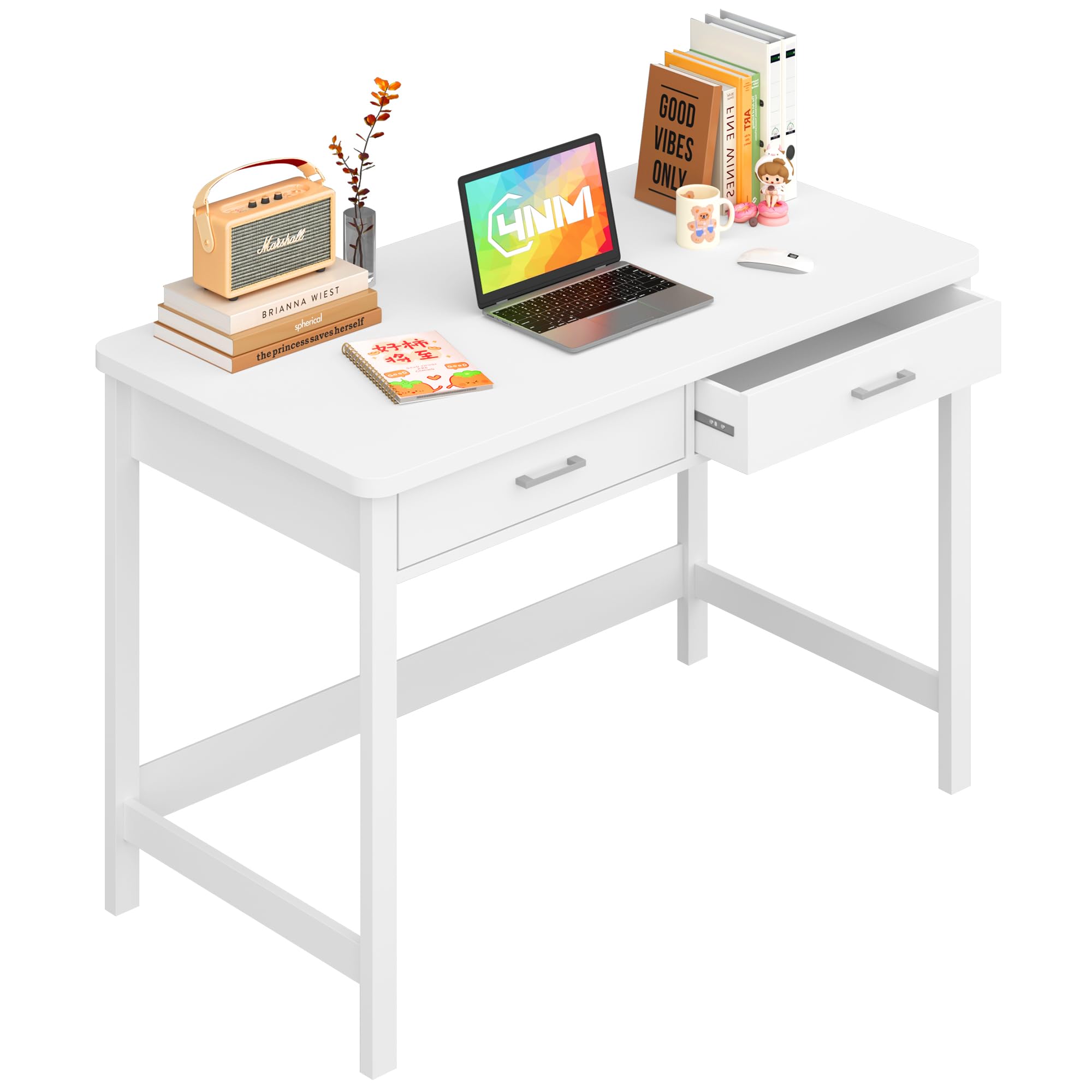 4NM 39.4" Small Desk with Wood Drawers, Home Office Computer Desk with Wooden Legs, Study Writing Table Vanity Desk for Small Spaces - White