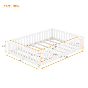 HomSof Full Size Bed Floor Bed with Safety Guardrails and Door for Kids,77.6''L x 55.9''W x 17.5''H， White