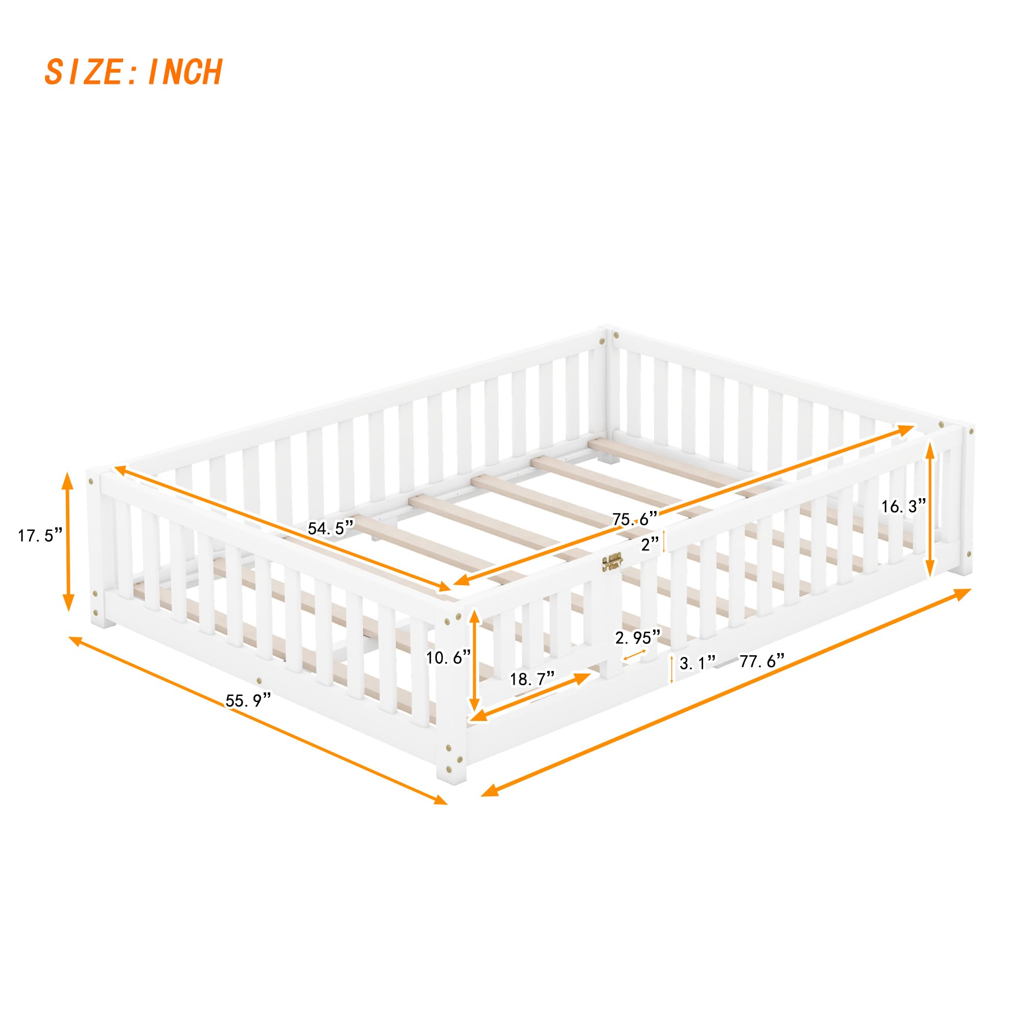 HomSof Full Size Bed Floor Bed with Safety Guardrails and Door for Kids,77.6''L x 55.9''W x 17.5''H， White