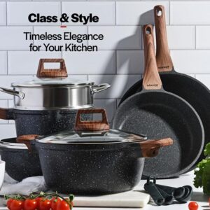 Bakken-Swiss 14-Piece Kitchen Cookware Set – Granite Non-Stick – Eco-Friendly – for All Stoves & Oven-Safe - Marble coatin