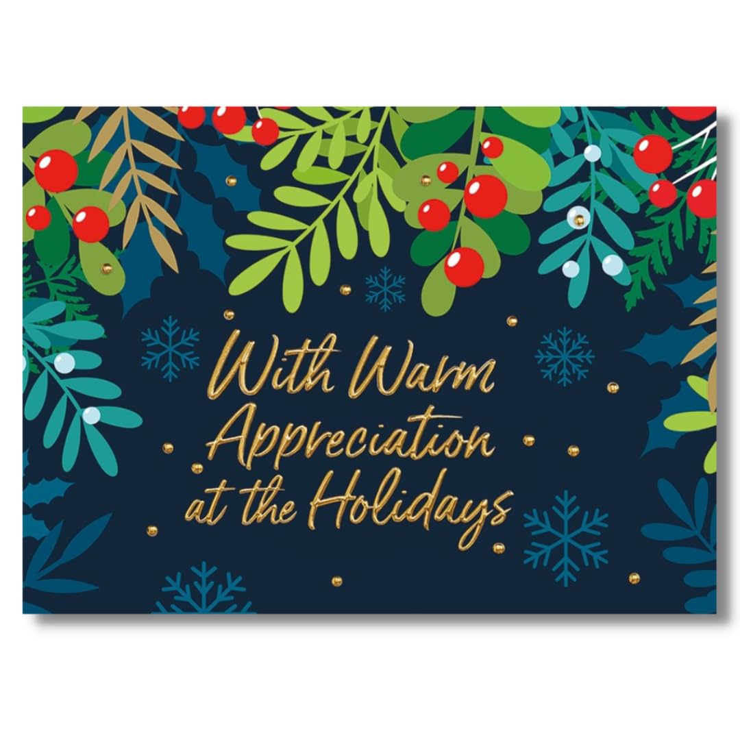 25 Employee Holiday Cards - Garland Appreciation Design with Gold Foil Embossing - 26 White Envelopes - FSC Mix