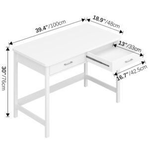 4NM 39.4" Small Desk with Wood Drawers, Home Office Computer Desk with Wooden Legs, Study Writing Table Vanity Desk for Small Spaces - White