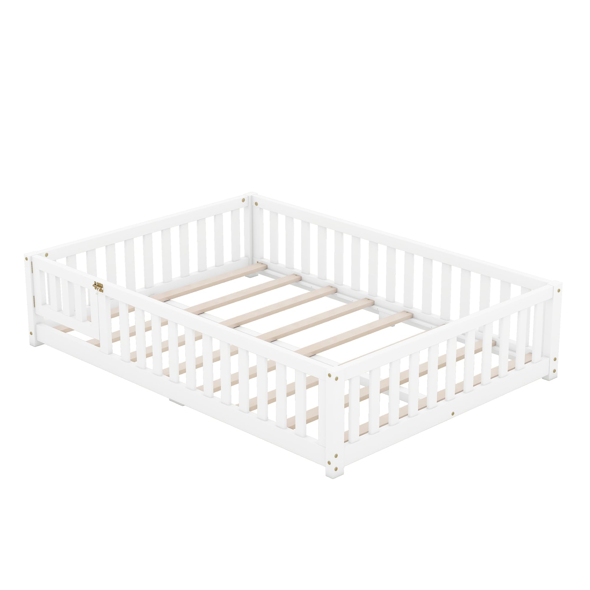 HomSof Full Size Bed Floor Bed with Safety Guardrails and Door for Kids,77.6''L x 55.9''W x 17.5''H， White