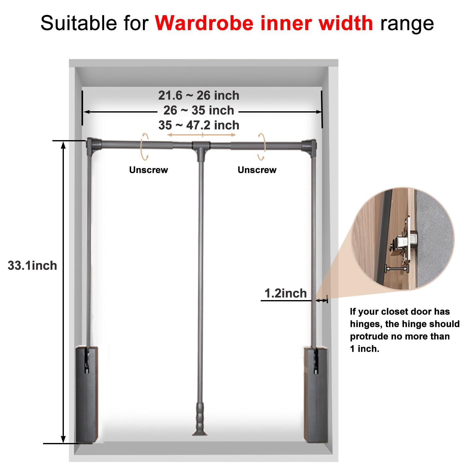 Pull Down Closet Rod for Hanging Clothes, Retractable Wardrobe Hanger for Cabinet Inside Width 26"~35", Aluminium alloy Tubing with Plastic Housing, 44 lb Weight Rating