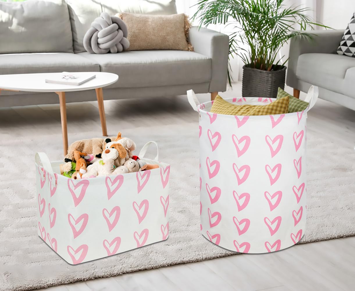 CLOCOR Rectangular Pink Storage Basket Empty,Heart Print Basket for Kids,Waterproof Storage Basket with Handles,Gift Basket(Pink Heart)