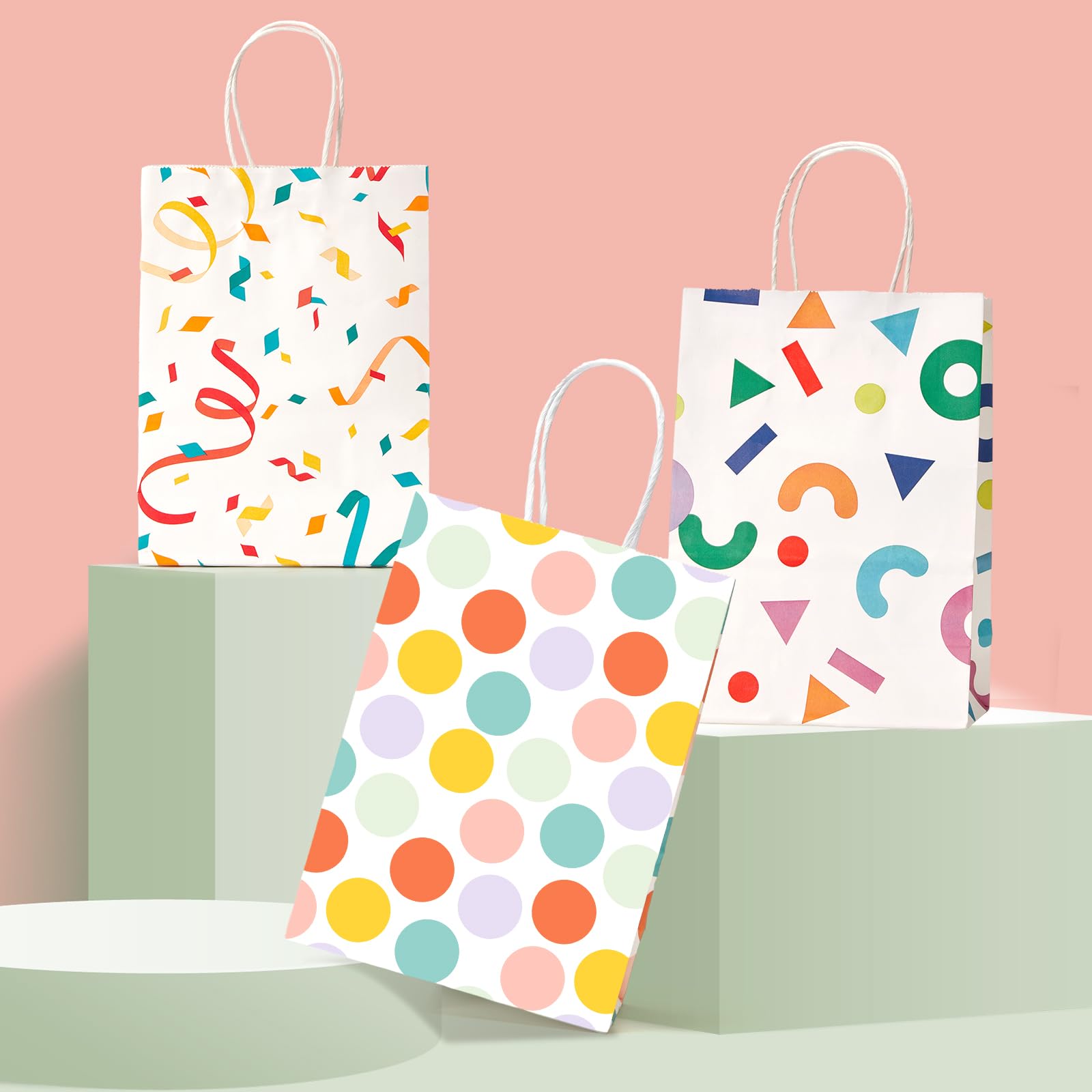 MESHA Gift Bags 15 Pcs 5.9X3.1X8.2 Paper Bags with Handles bulk,Party Favor Bags Birthday Wedding Mother's Day gift bags Small Paper Shopping Bags,Colorful Retail bags,Recyclable Bags (polka dot)