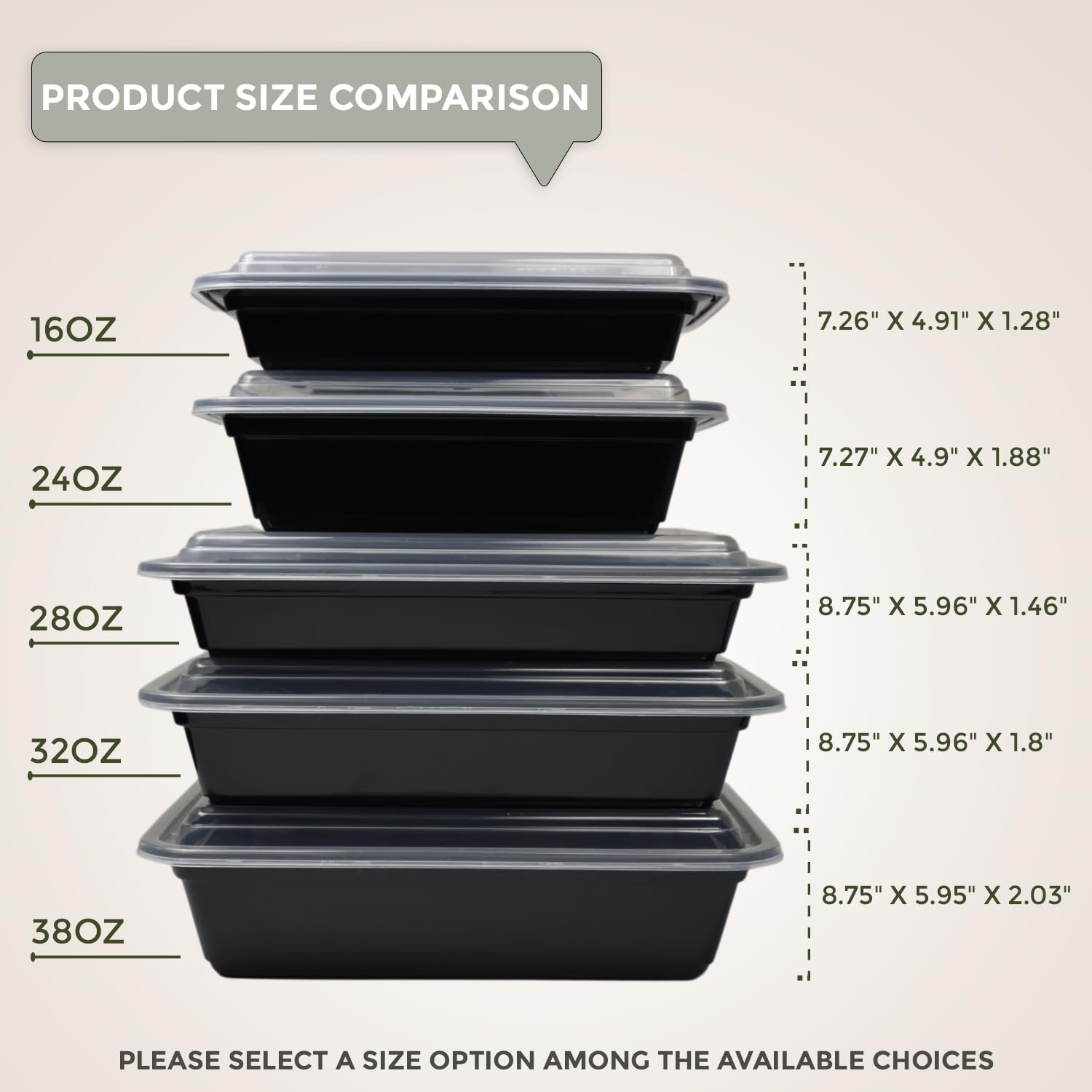 Klex Meal Prep Containers with Airtight Lids, BPA Free, Reusable Plastic Food Container, 16 oz, Rectangular, Black/Clear, 50 Sets