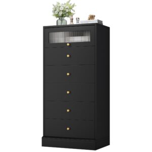 FINETONES 6 Drawer Dresser Black Dresser, 51'' Tall Black Dresser Black and Gold Dresser with Exquisite Glass Door, Modern Dresser Gold Dresser, Thickened Board Sturdy Dresser for Home