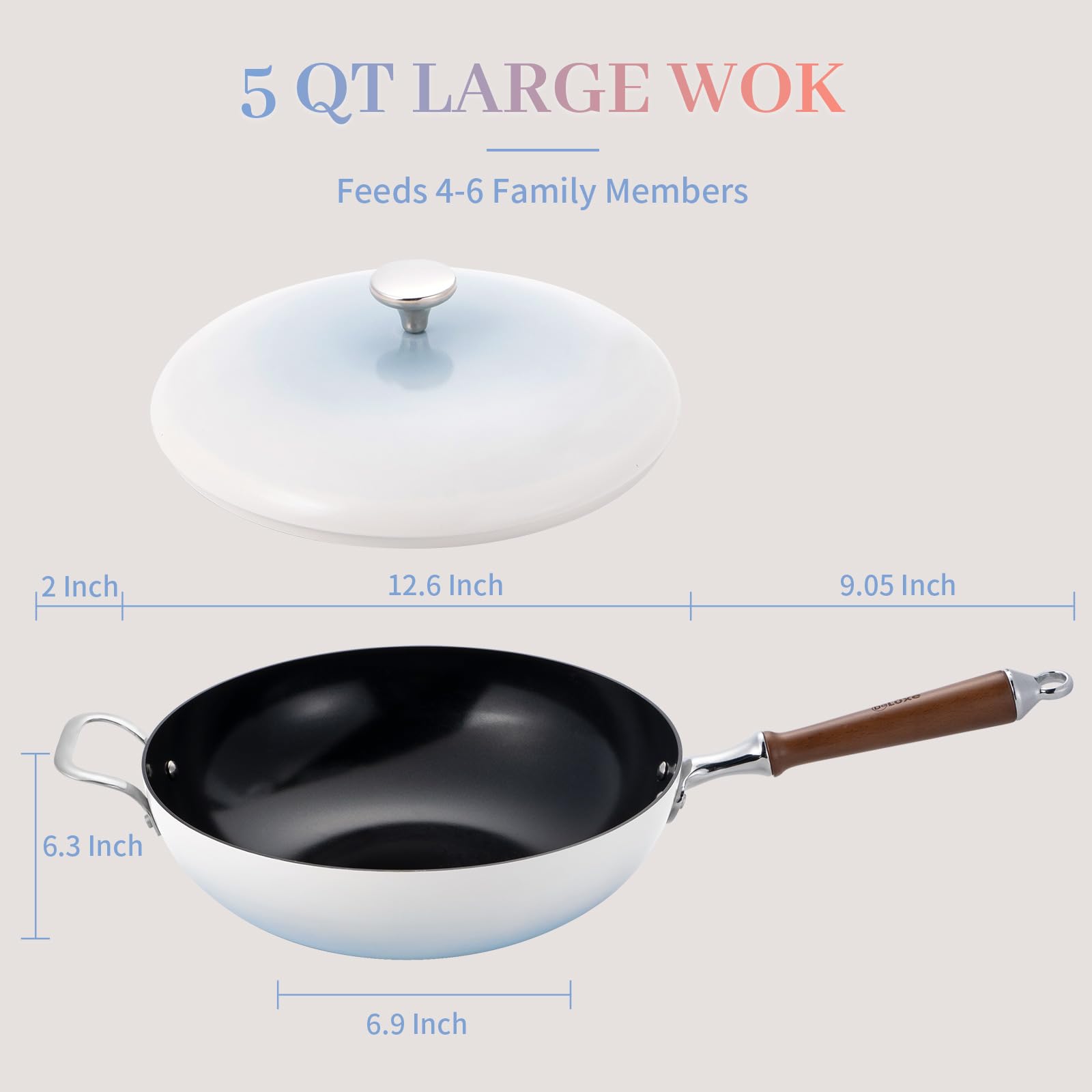 DELUXE Nonstick Frying Pan, Large Non stick Wok Pan with Lid (5 Qt, 12.6") - Non Toxic, PTFE & PFOA Free -Compatible with all Stovetops (Gas, Electric & Induction) -Blue, Gift