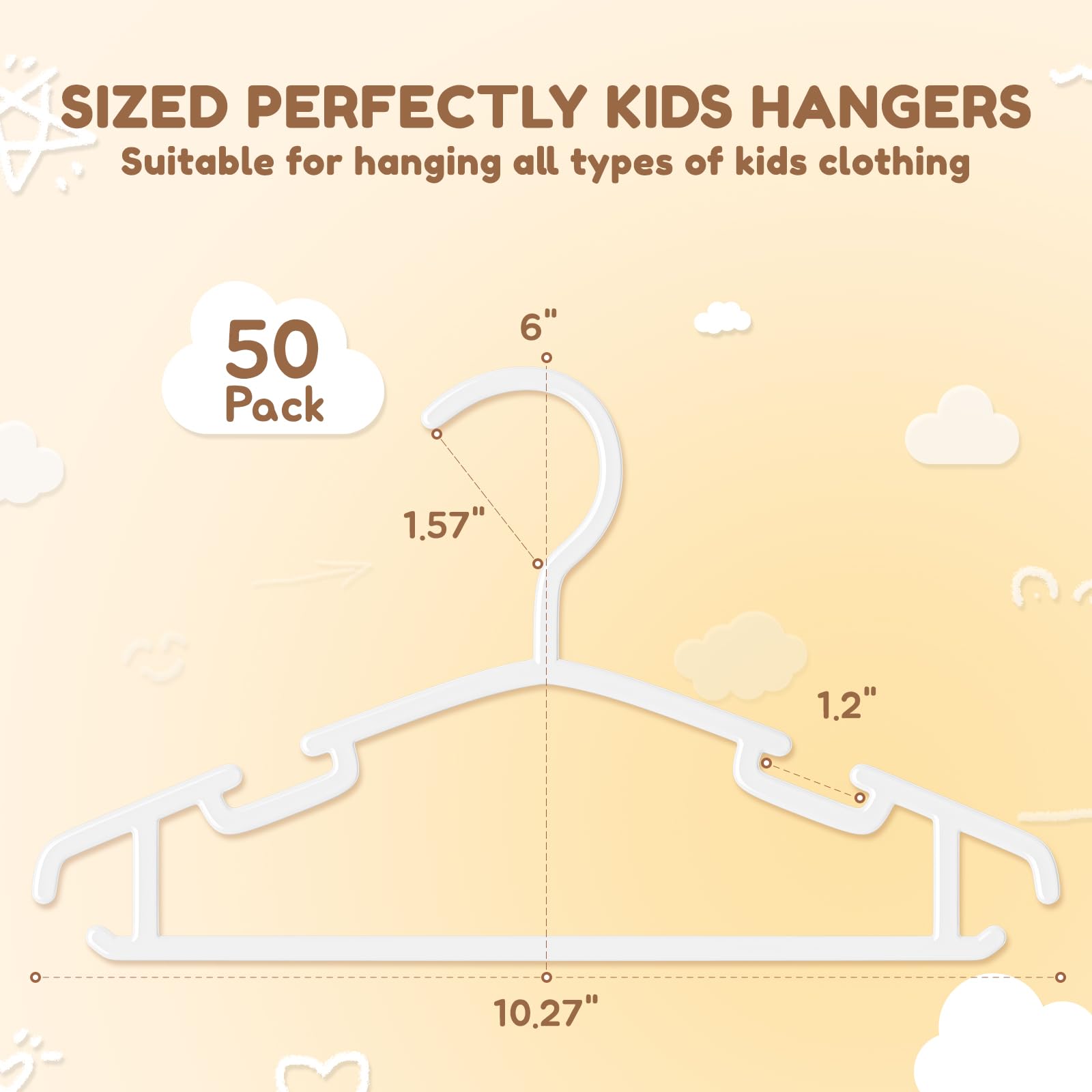 VILICK Kids Plastic Hangers, Baby Clothes Hangers for Closet 50 Packs Non-Slip Toddler Hangers for Infant Child Clothing, Small Children Hangers for Pants Coats Skirts (White)