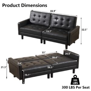 Houjud Futon Sofa Bed, Convertible Sleeper Sofa Modern Faux Leather Living Room Couch with Adjustable Backrests Loveseat Sofa Bed with Side Pockets for Studio, Office, Apartment (Black)