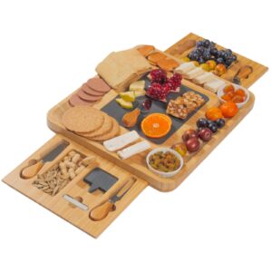 uxpeyic cheese board and knife set, bamboo charcuterie boards with 2 slide out drawers, large cheese platter meat charcuttery serving tray with 2 ceramic bowl and marble slab for housewarming party