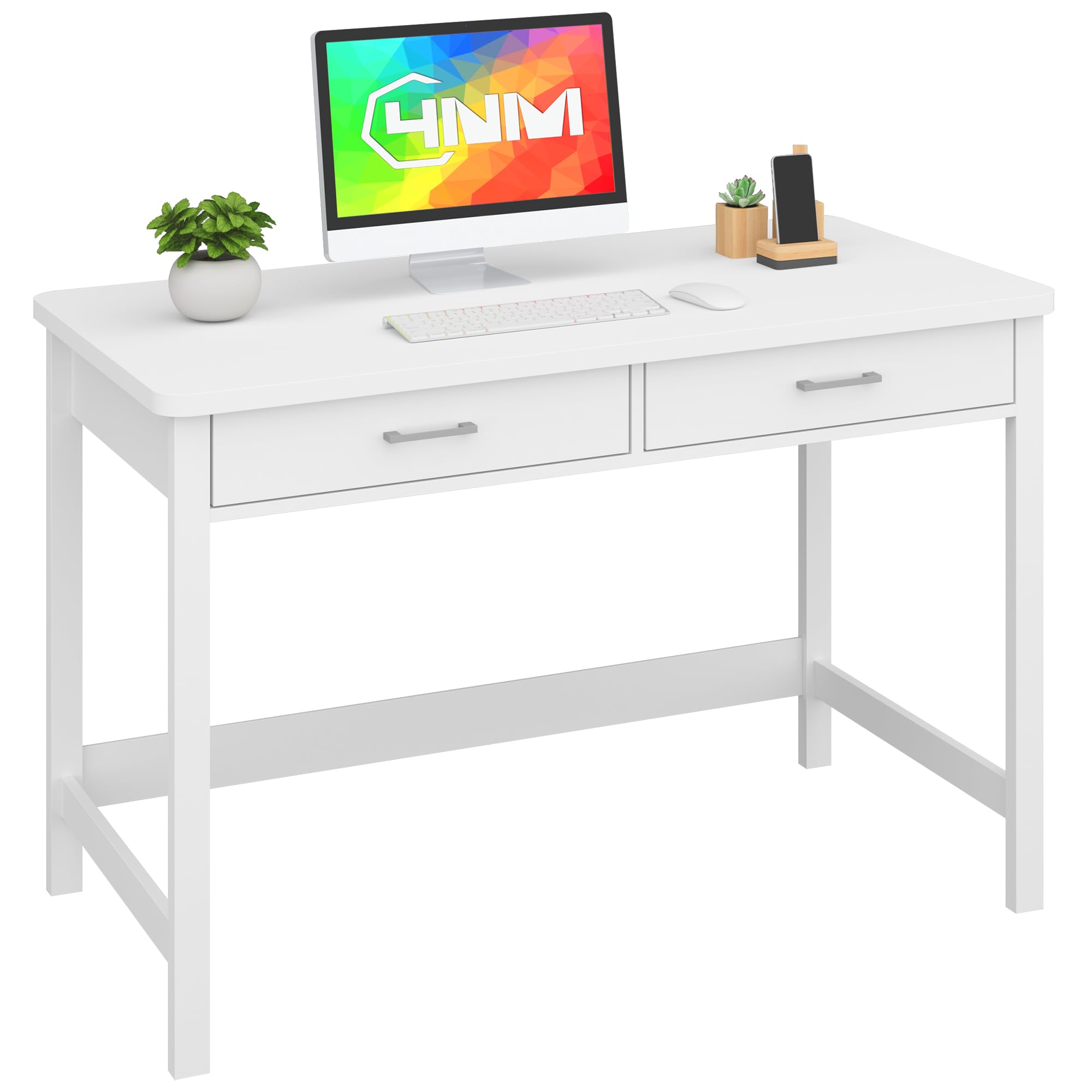 4NM 39.4" Small Desk with Wood Drawers, Home Office Computer Desk with Wooden Legs, Study Writing Table Vanity Desk for Small Spaces - White