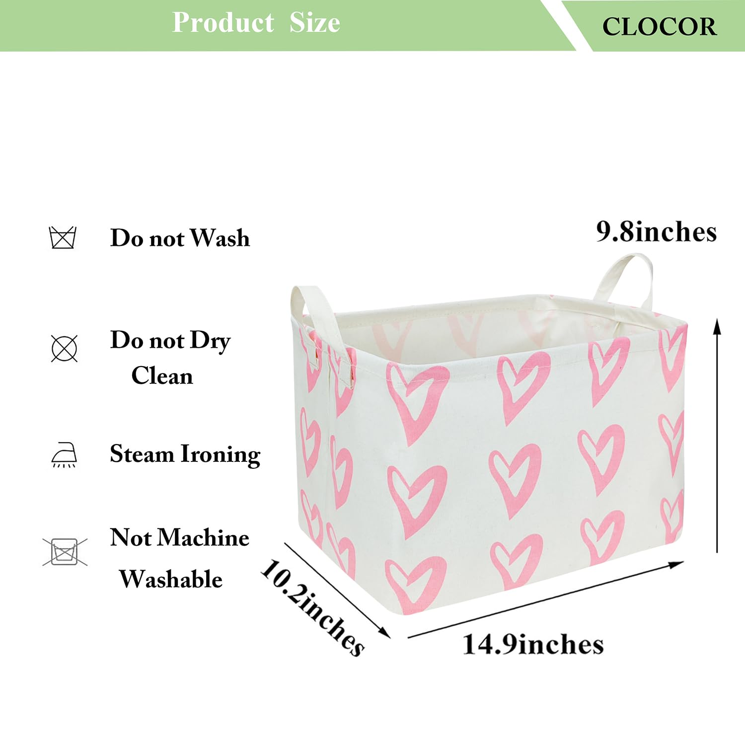 CLOCOR Rectangular Pink Storage Basket Empty,Heart Print Basket for Kids,Waterproof Storage Basket with Handles,Gift Basket(Pink Heart)