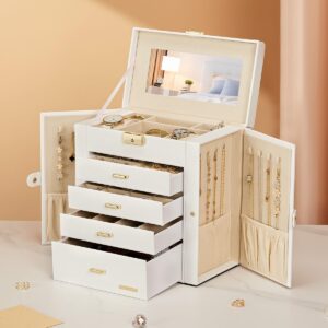 Homde Synthetic Leather Huge Jewelry Box Mirrored Watch Organizer Necklace Ring Earring Storage Lockable Gift Case (White + Gold)