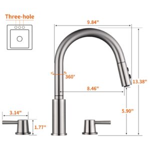 RULIA Brand, Double Handle Kitchen Faucet, 3 Holes Sink Faucet, Pull Down, Brushed Nickel, Stainless Steel, RB1063