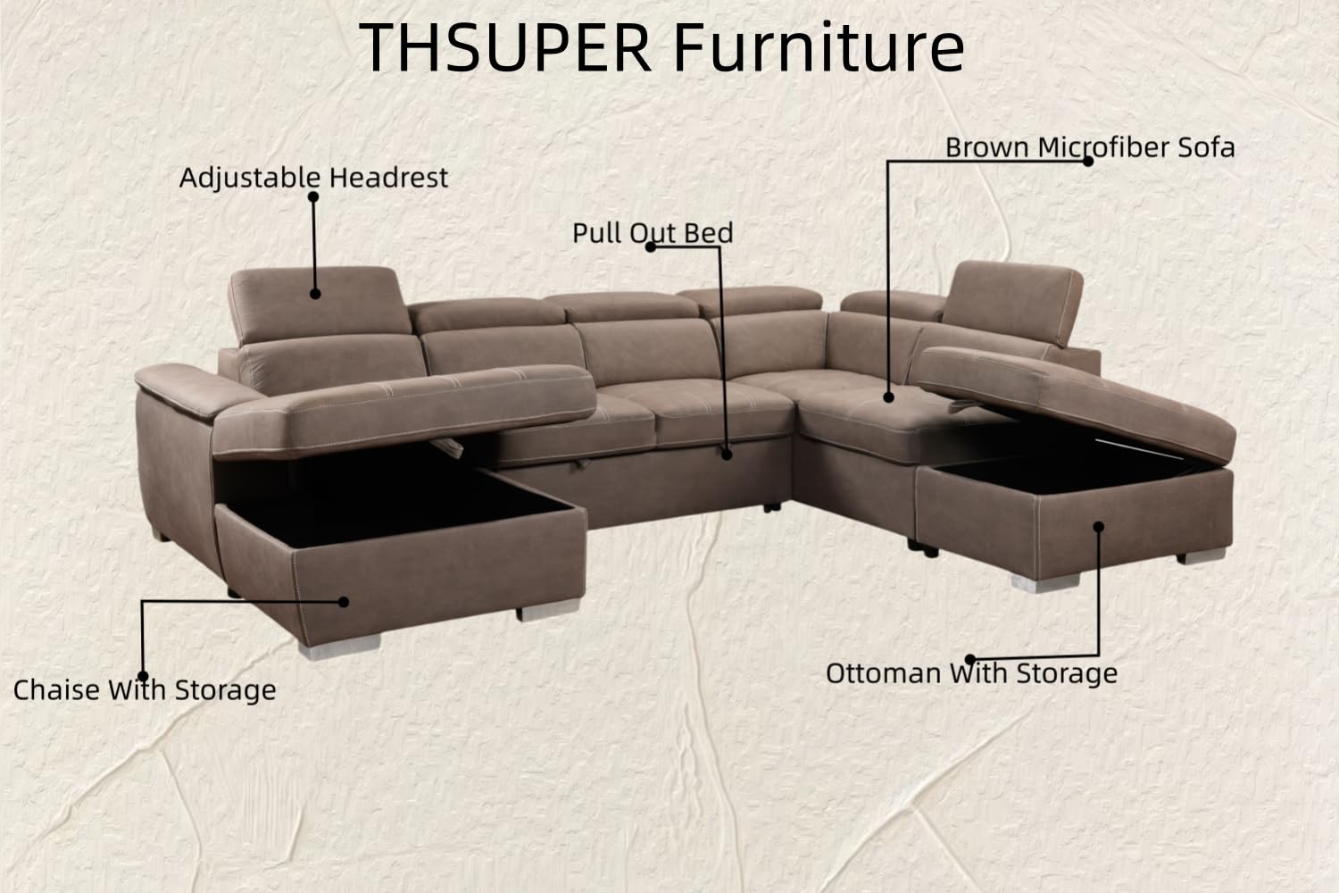 THSUPER 127'' Microfiber Oversized U-Shaped Sectional Sleeper Sofa Couch with Pullout Bed, 7 Seats Couch with Adjustable Headrests, Sofa with Storage Chaise and Ottoman for Living Room. Light Brown