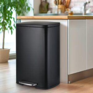 Arlopu 13.2+1.3 Gallon Step Trash Can, Stainless Steel Garbage Bin, Soft-Close Rubbish Bin with Removable Plastic Inner Bucket, Fingerprint-Proof, Lid Dustbin, for Kitchen Home (Black)