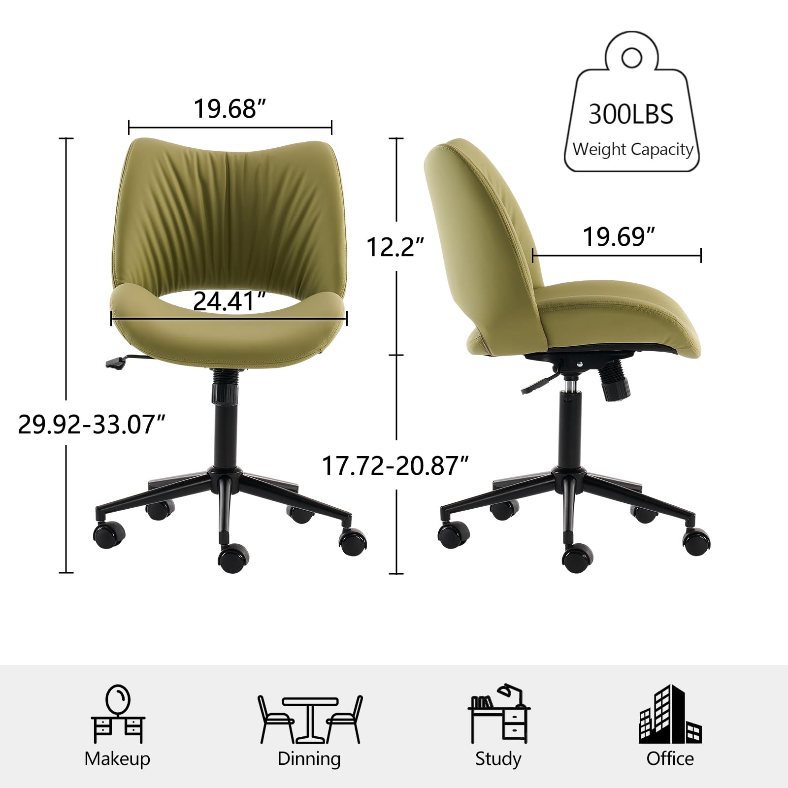 YOUTASTE Home Desk Chair Ergonomic Office Chair Armless Rolling Task Chair Leather Computer Chair of Height Adjustable and Thicked Padded Avocado Green